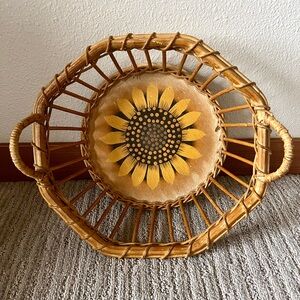 Vintage Hand-Painted Sunflower Rattan Basket Octogonal Woven Filipino Decor Boho